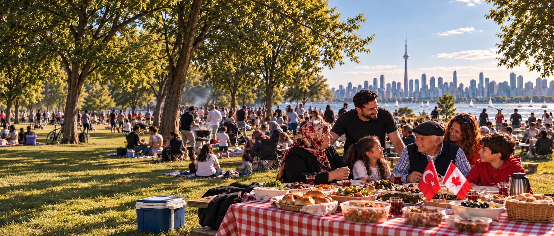 A family sharing tea and food at a busy waterfront picnic, with Turkish and Canadian flags on the table and Toronto’s CN Tower in the background.